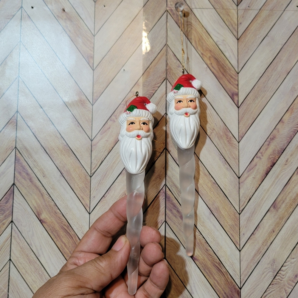 Santa Face Icicle Hanging Christmas Tree Ornaments Set of 2 Retro